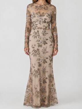 Lotus Threads Floral Illusion Gown Maxi Dress Embroidered Sheer Long Formal Nude